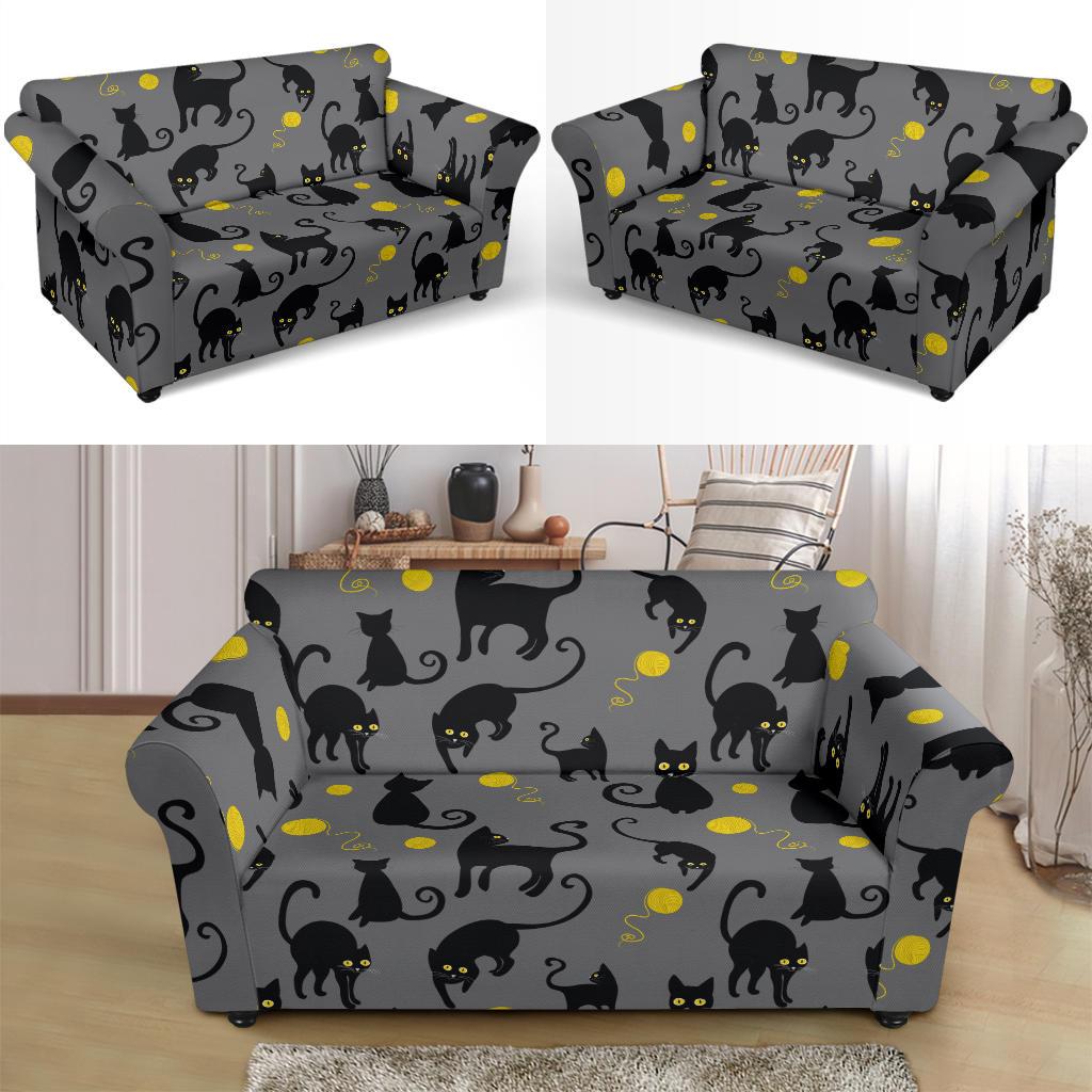 Black Cat Yellow Yarn Print Pattern Loveseat Slipcover-JTAMIGO.COM