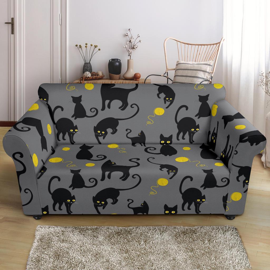 Black Cat Yellow Yarn Print Pattern Loveseat Slipcover-JTAMIGO.COM