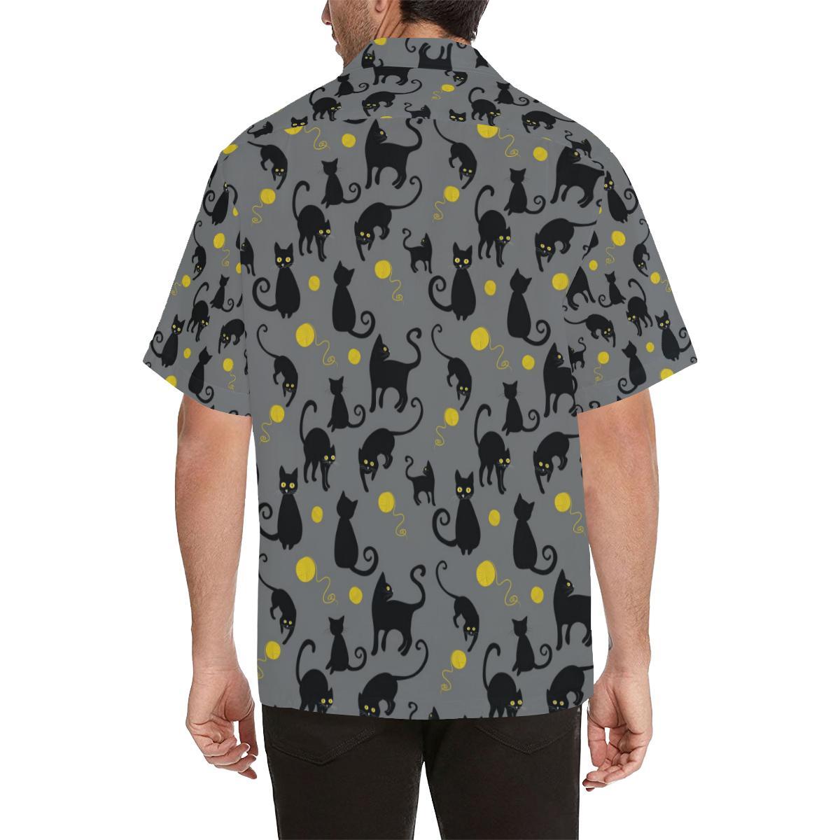 Black Cat Yellow Yarn Print Pattern Men Aloha Hawaiian Shirt