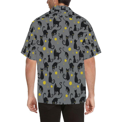 Black Cat Yellow Yarn Print Pattern Men Aloha Hawaiian Shirt