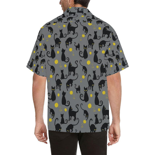 Black Cat Yellow Yarn Print Pattern Men Aloha Hawaiian Shirt