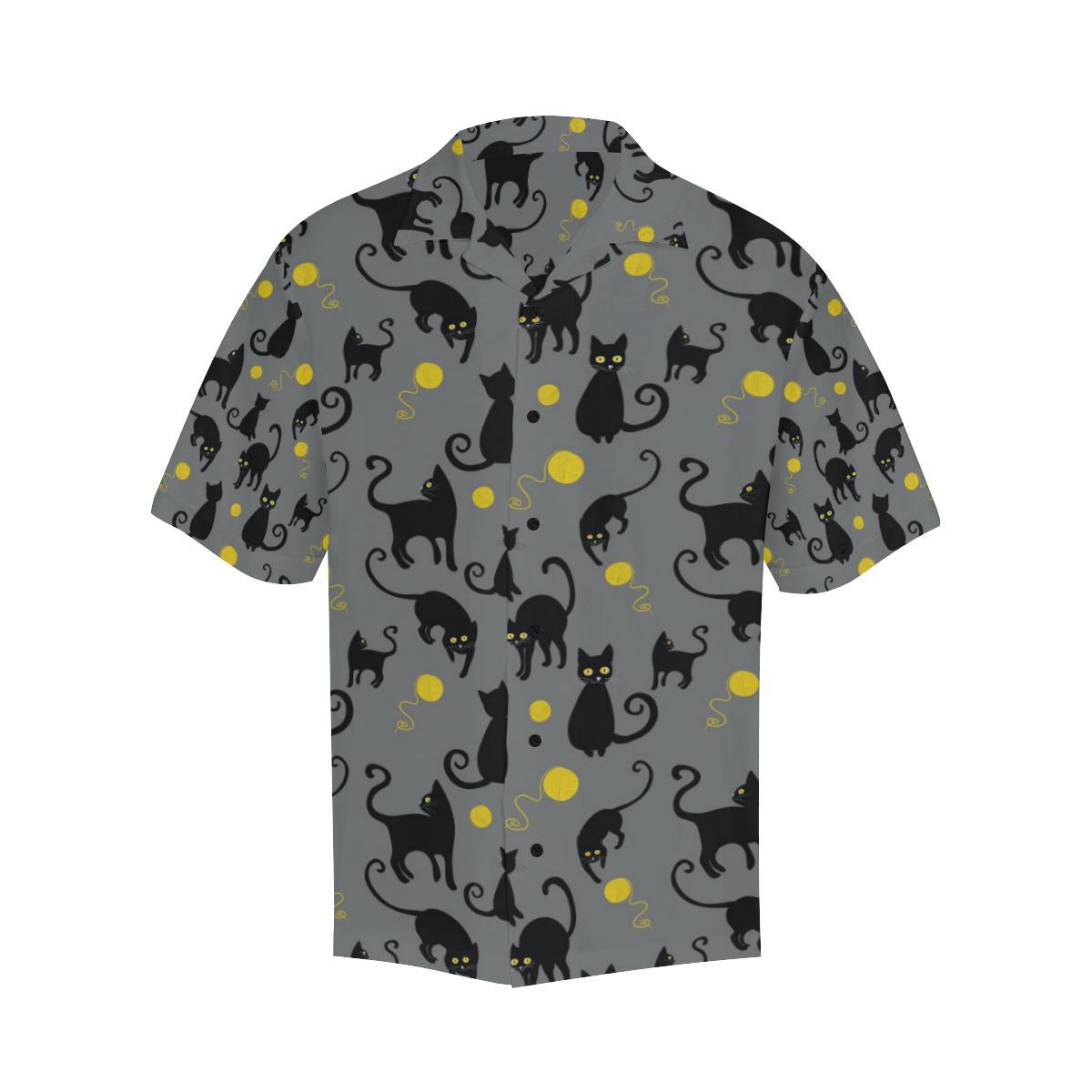 Black Cat Yellow Yarn Print Pattern Men Aloha Hawaiian Shirt
