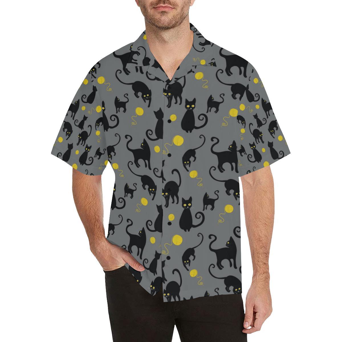 Black Cat Yellow Yarn Print Pattern Men Aloha Hawaiian Shirt
