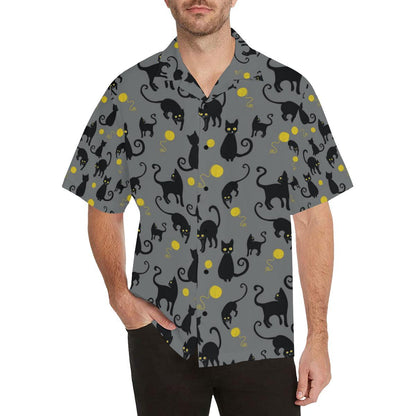 Black Cat Yellow Yarn Print Pattern Men Aloha Hawaiian Shirt