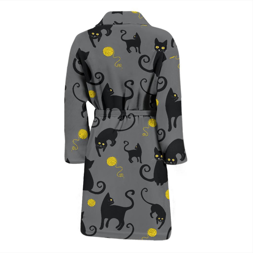 Black Cat Yellow Yarn Print Pattern Men Bath Robe-JTAMIGO.COM