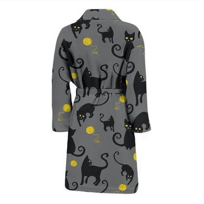 Black Cat Yellow Yarn Print Pattern Men Bath Robe-JTAMIGO.COM