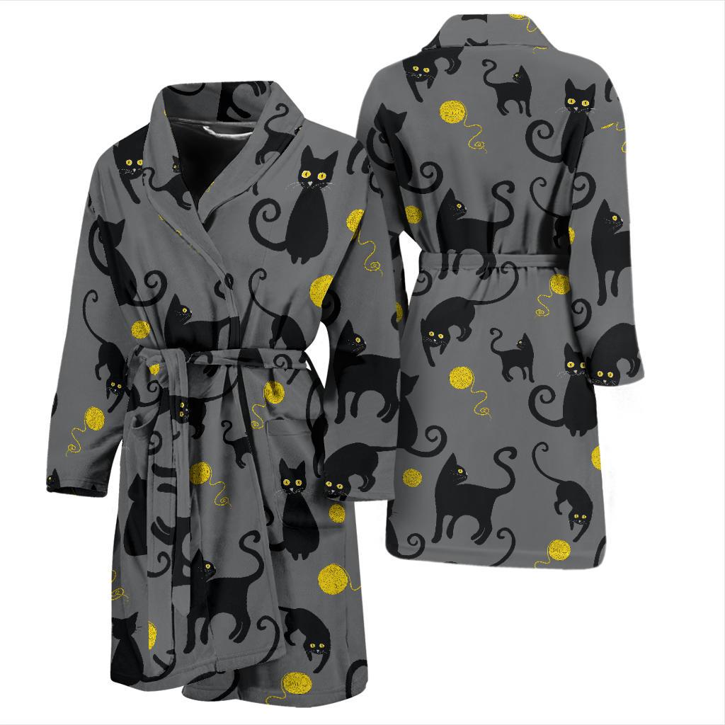 Black Cat Yellow Yarn Print Pattern Men Bath Robe-JTAMIGO.COM