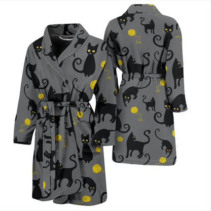 Black Cat Yellow Yarn Print Pattern Men Bath Robe-JTAMIGO.COM