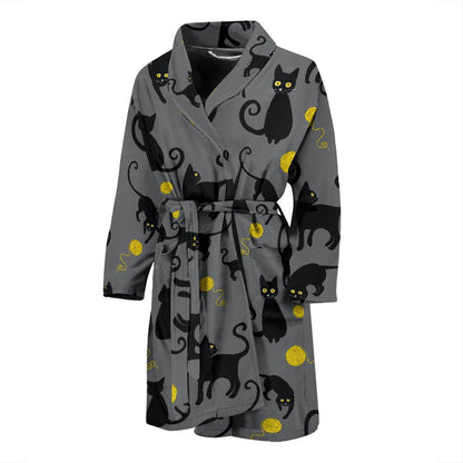 Black Cat Yellow Yarn Print Pattern Men Bath Robe-JTAMIGO.COM