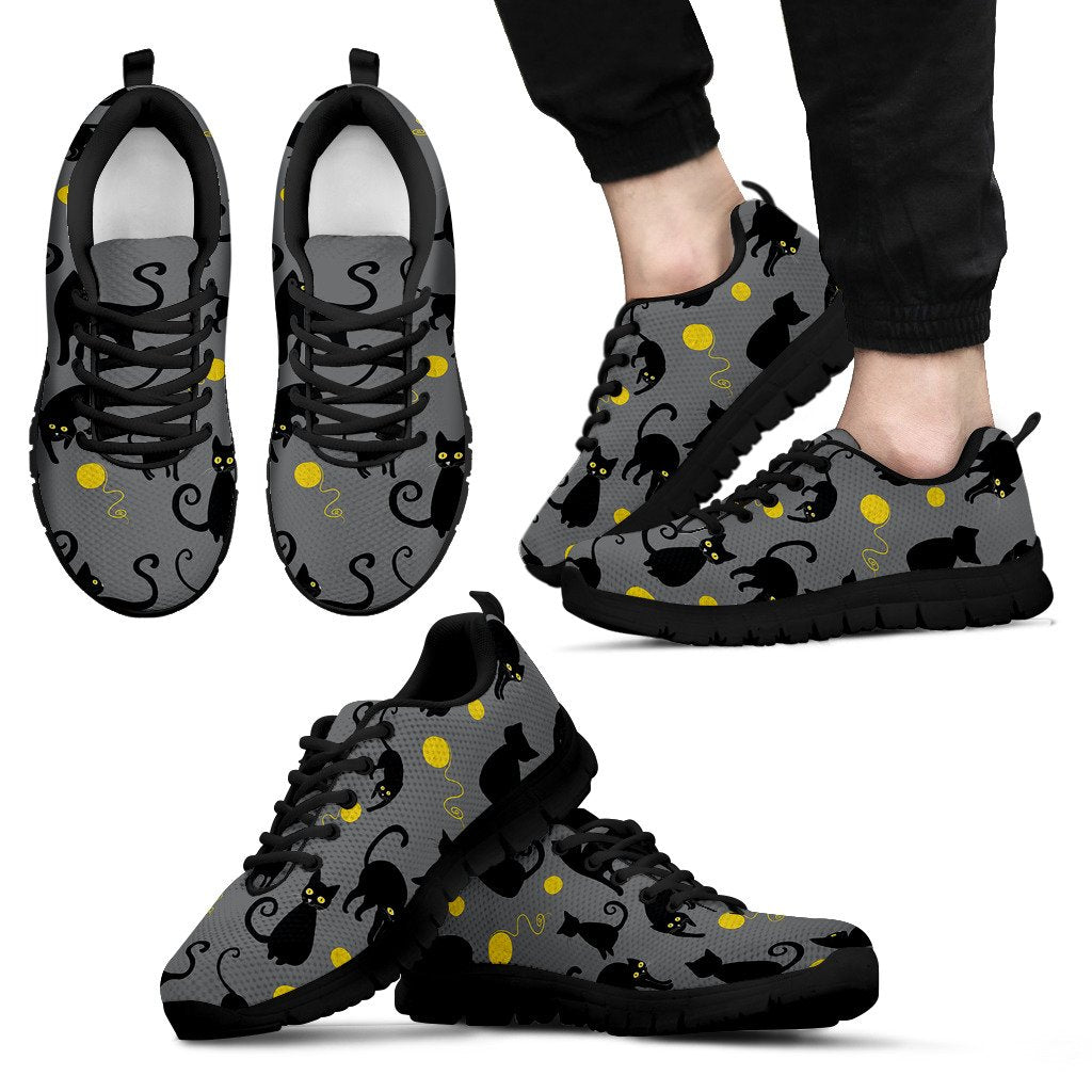 Black Cat Yellow Yarn Print Pattern Men Sneakers Shoes