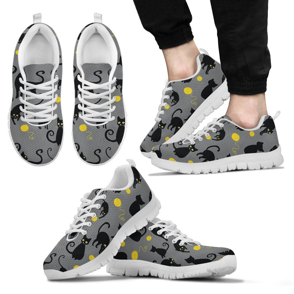 Black Cat Yellow Yarn Print Pattern Men Sneakers Shoes