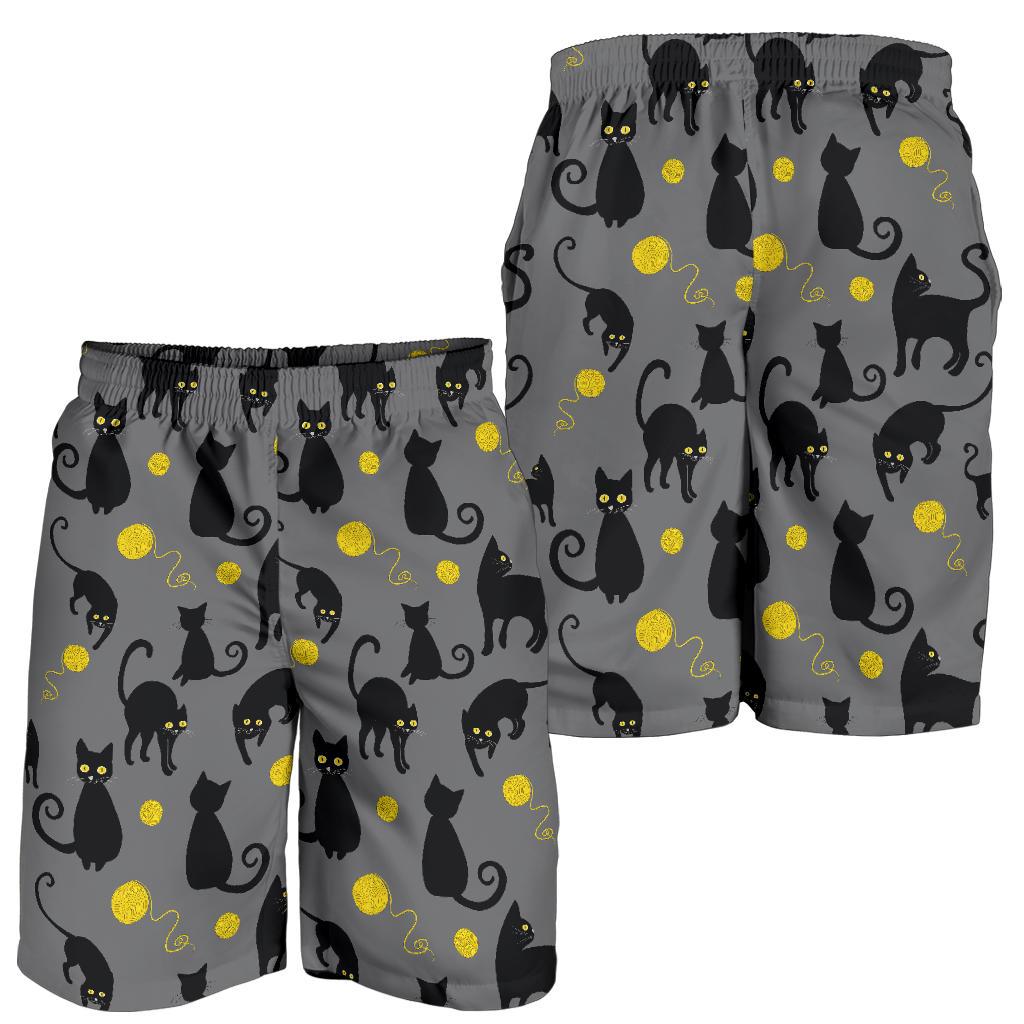 Black Cat Yellow Yarn Print Pattern Mens Shorts-JTAMIGO.COM