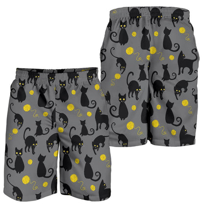 Black Cat Yellow Yarn Print Pattern Mens Shorts-JTAMIGO.COM