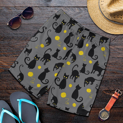 Black Cat Yellow Yarn Print Pattern Mens Shorts-JTAMIGO.COM