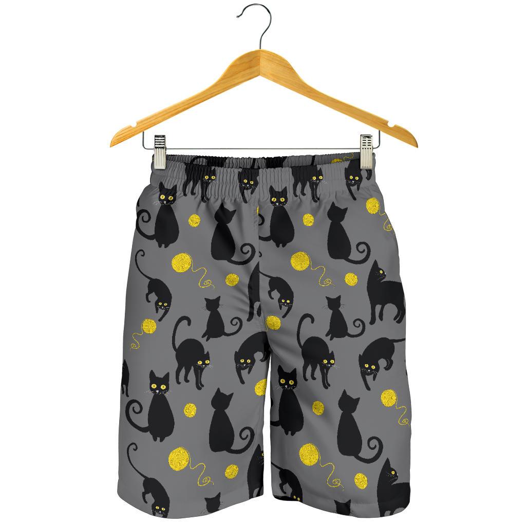 Black Cat Yellow Yarn Print Pattern Mens Shorts-JTAMIGO.COM