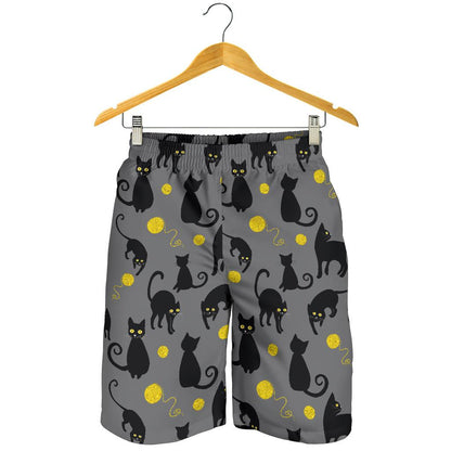 Black Cat Yellow Yarn Print Pattern Mens Shorts-JTAMIGO.COM