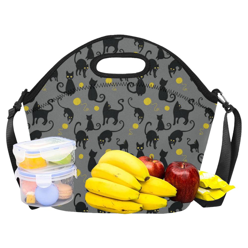 Black Cat Yellow Yarn Print Pattern Neoprene Lunch Bag (Model 1669)(Large)-JTAMIGO.COM