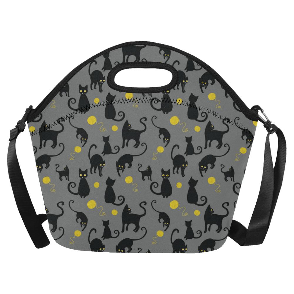 Black Cat Yellow Yarn Print Pattern Neoprene Lunch Bag (Model 1669)(Large)-JTAMIGO.COM