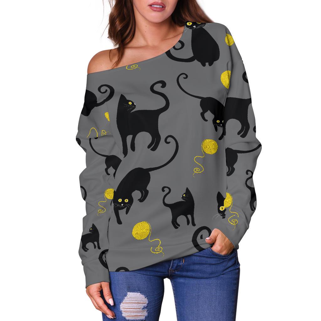 Black Cat Yellow Yarn Print Pattern Off Shoulder Sweatshirt