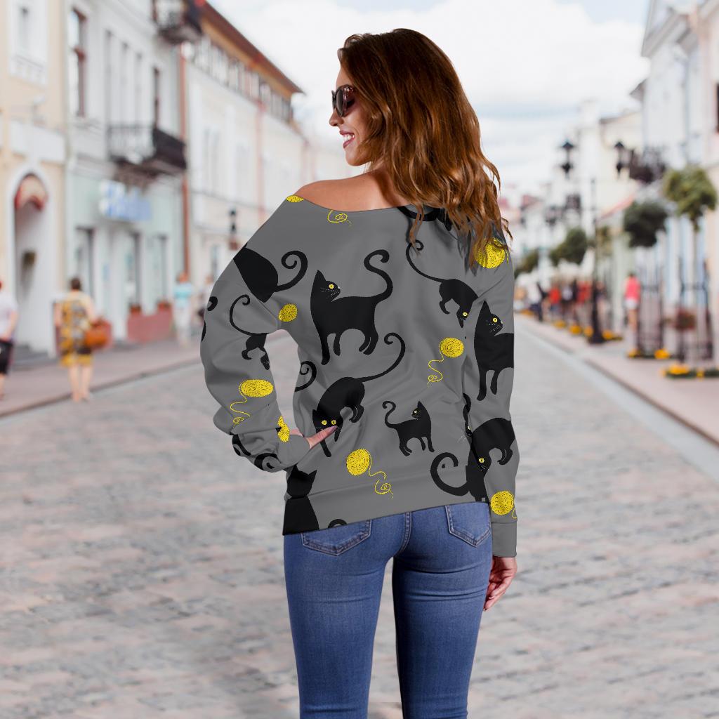 Black Cat Yellow Yarn Print Pattern Off Shoulder Sweatshirt