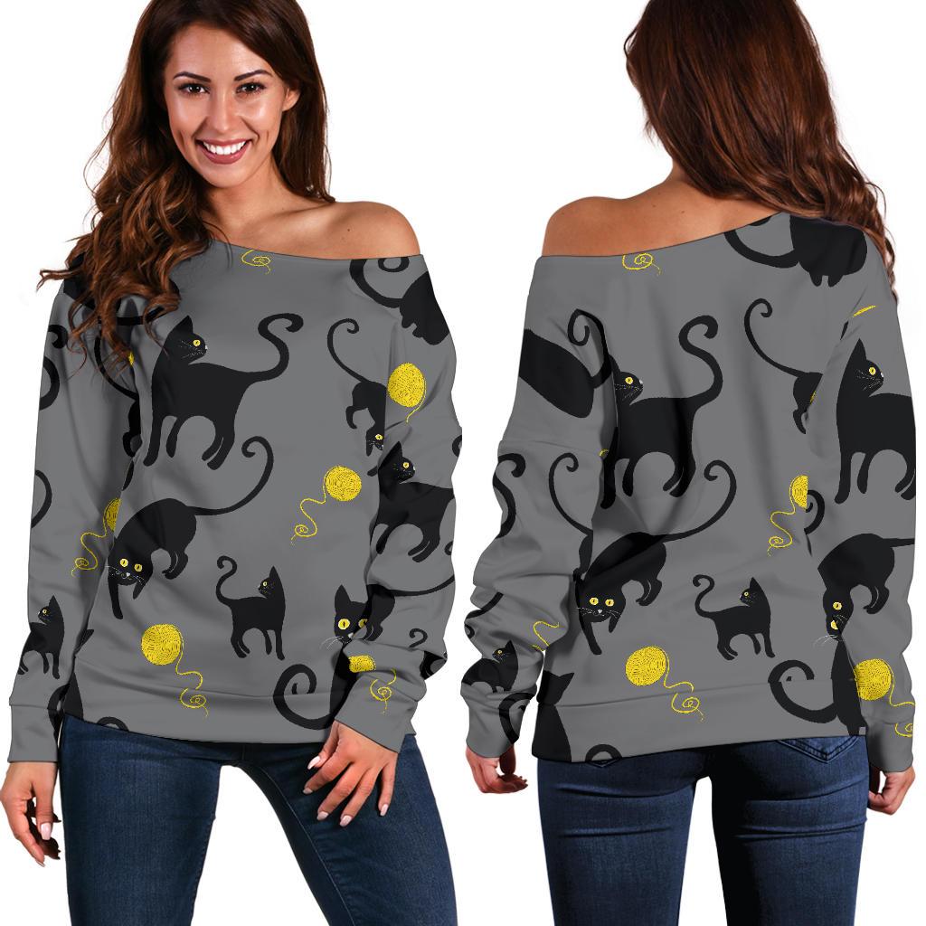 Black Cat Yellow Yarn Print Pattern Off Shoulder Sweatshirt