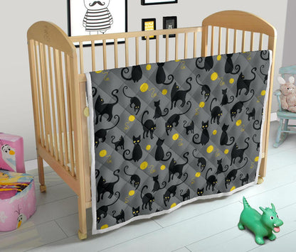 Black Cat Yellow Yarn Print Pattern Premium Quilt-JTAMIGO.COM