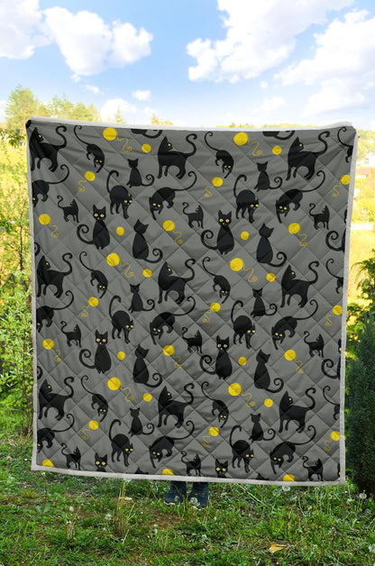 Black Cat Yellow Yarn Print Pattern Premium Quilt-JTAMIGO.COM