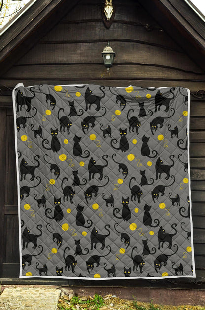 Black Cat Yellow Yarn Print Pattern Premium Quilt-JTAMIGO.COM