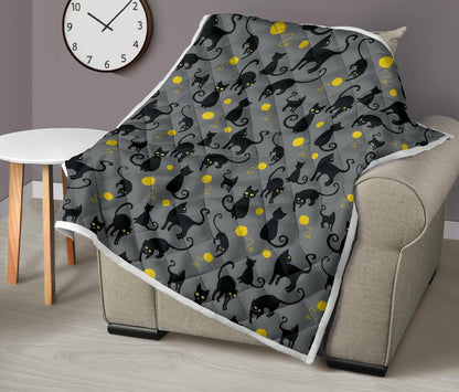Black Cat Yellow Yarn Print Pattern Premium Quilt-JTAMIGO.COM
