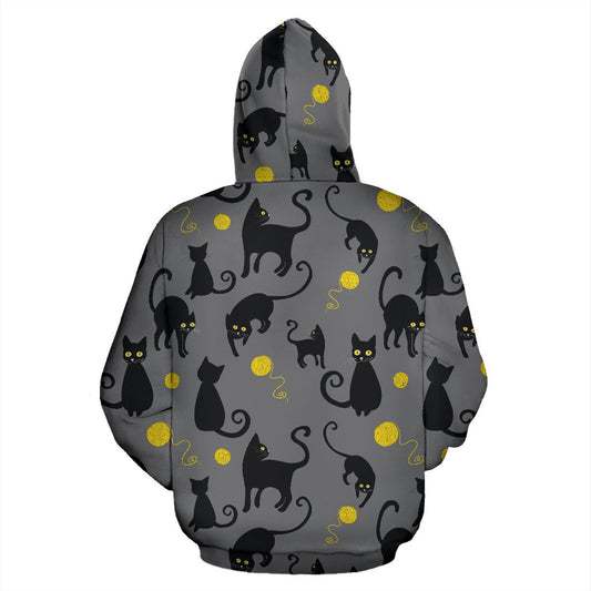 Black Cat Yellow Yarn Print Pattern Pullover Hoodie