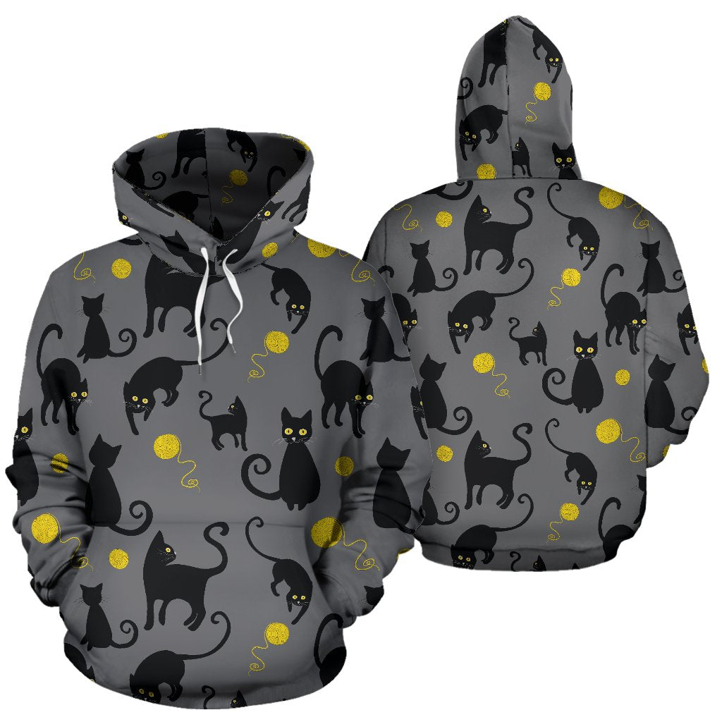Black Cat Yellow Yarn Print Pattern Pullover Hoodie