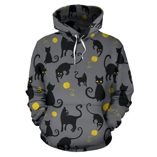 Black Cat Yellow Yarn Print Pattern Pullover Hoodie