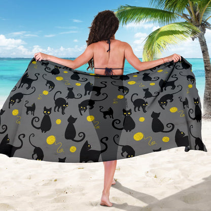 Black Cat Yellow Yarn Print Pattern Sarong Pareo Wrap