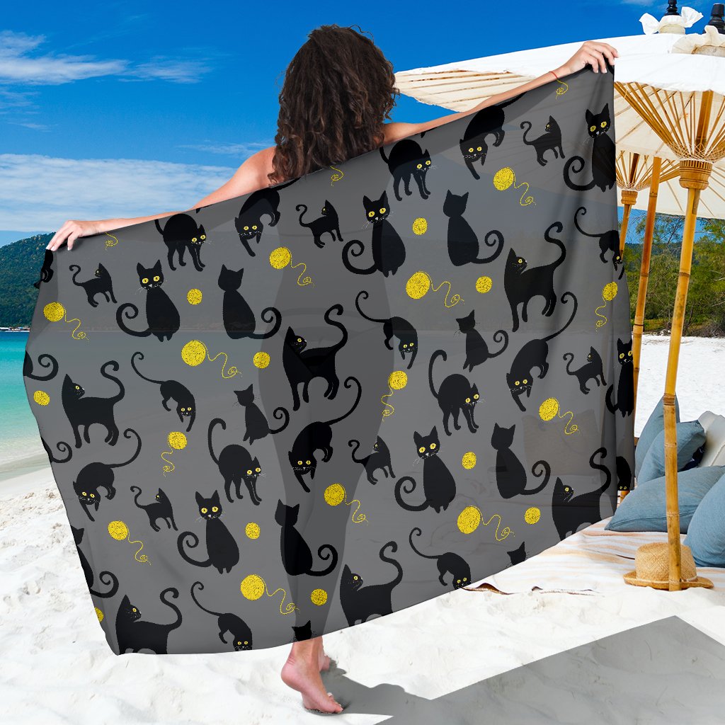 Black Cat Yellow Yarn Print Pattern Sarong Pareo Wrap