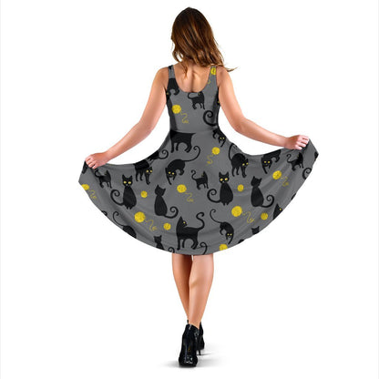 Black Cat Yellow Yarn Print Pattern Sleeveless Dress