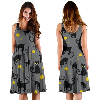 Black Cat Yellow Yarn Print Pattern Sleeveless Dress