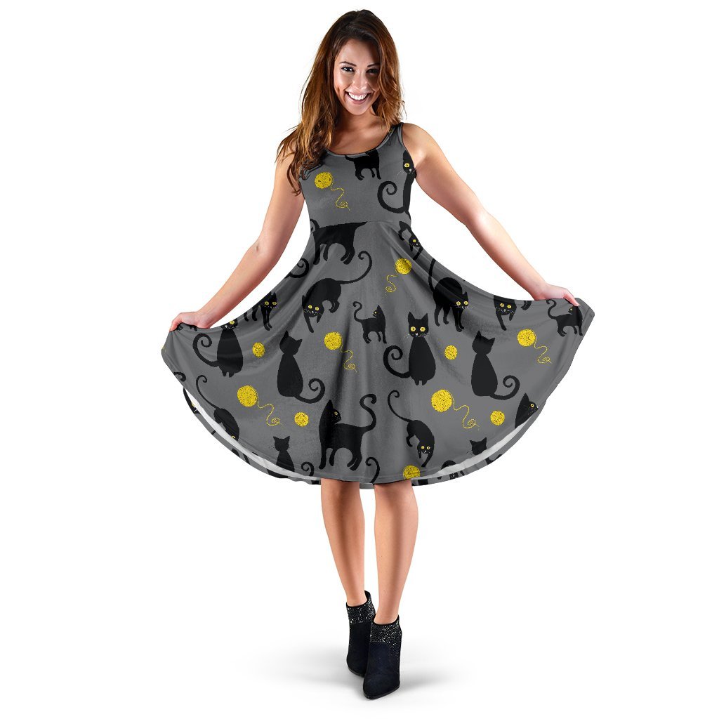 Black Cat Yellow Yarn Print Pattern Sleeveless Dress