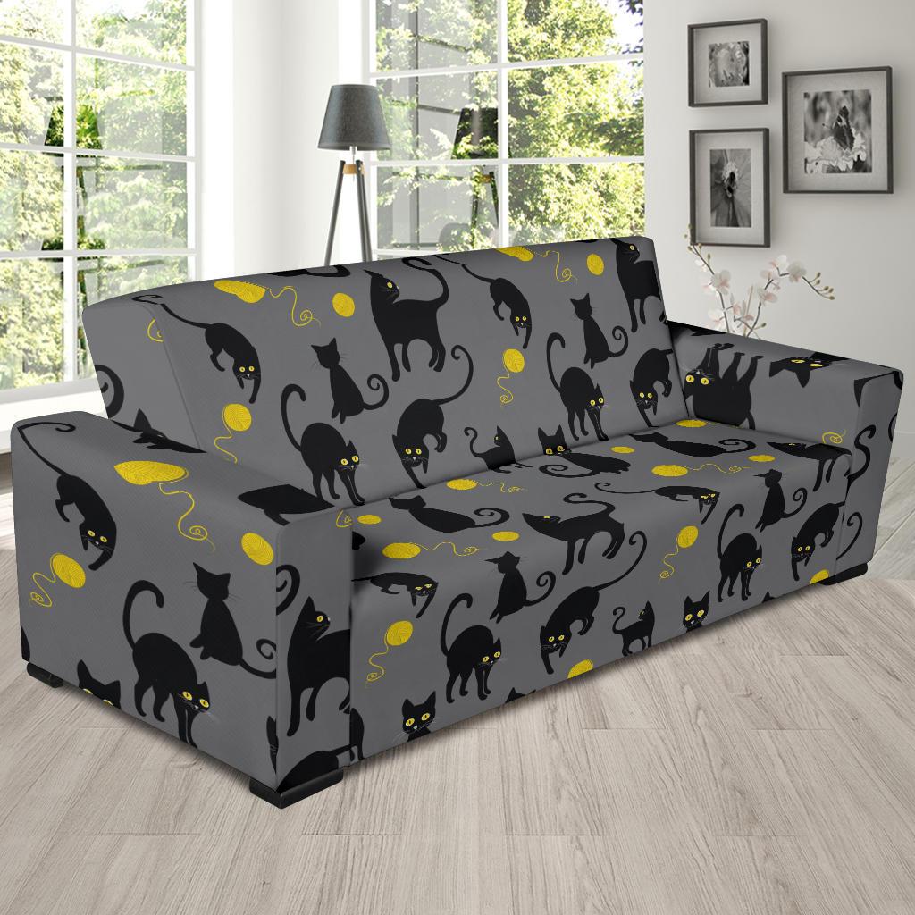 Black Cat Yellow Yarn Print Pattern Sofa Slipcover-JTAMIGO.COM