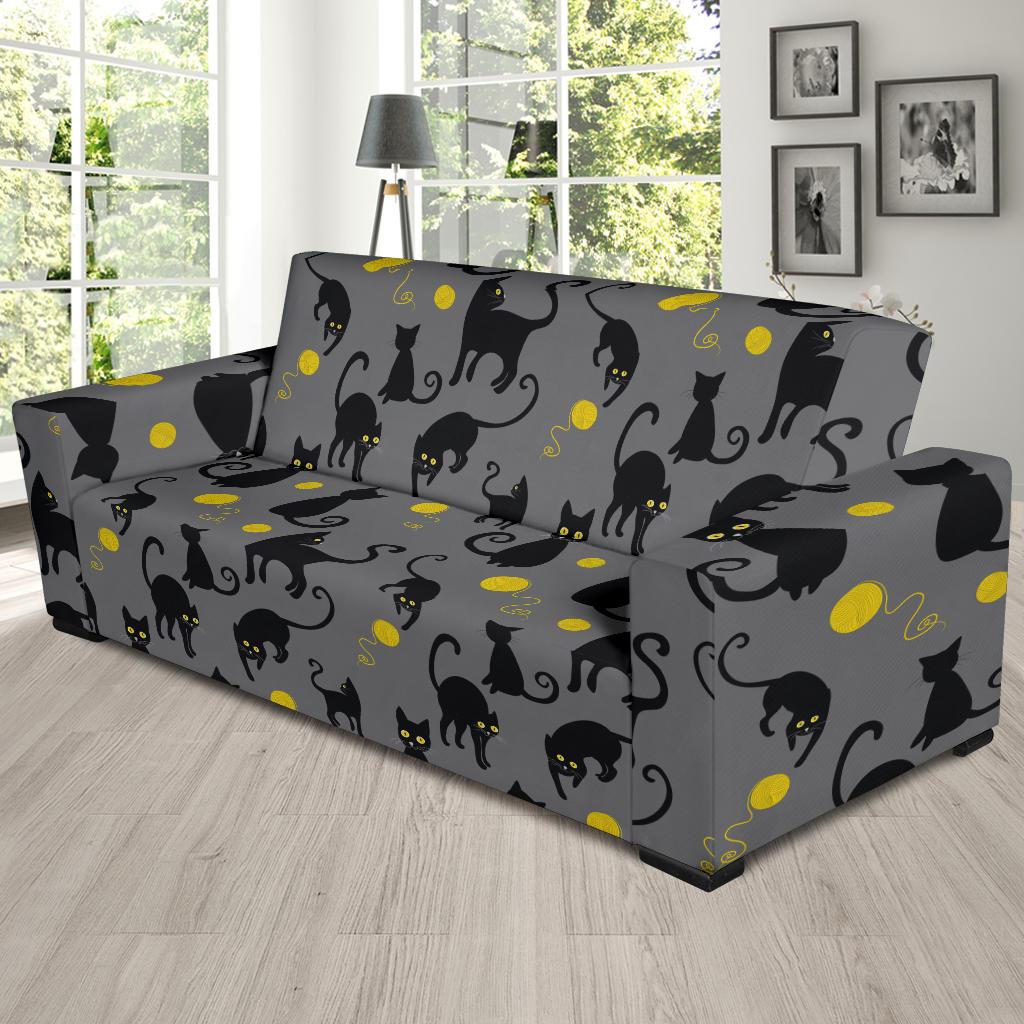 Black Cat Yellow Yarn Print Pattern Sofa Slipcover-JTAMIGO.COM