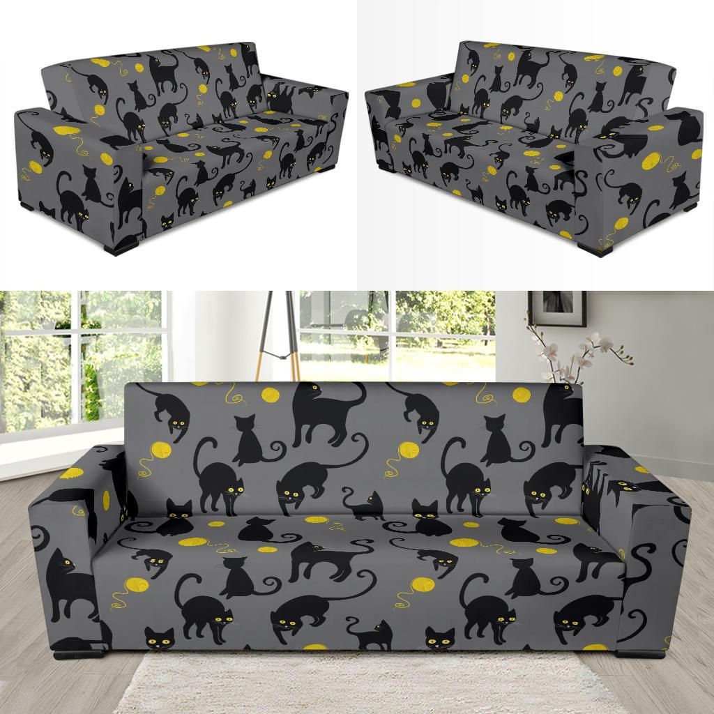 Black Cat Yellow Yarn Print Pattern Sofa Slipcover-JTAMIGO.COM