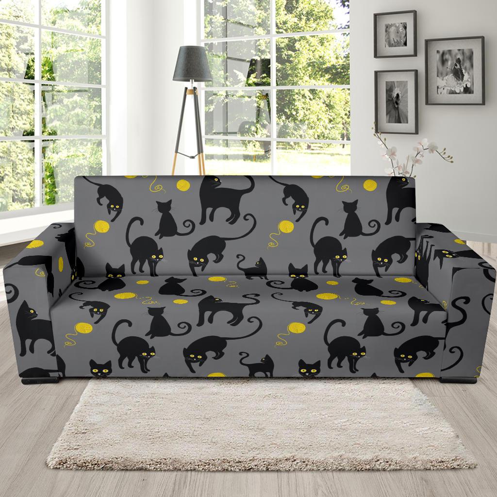 Black Cat Yellow Yarn Print Pattern Sofa Slipcover-JTAMIGO.COM