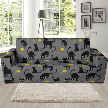 Black Cat Yellow Yarn Print Pattern Sofa Slipcover-JTAMIGO.COM