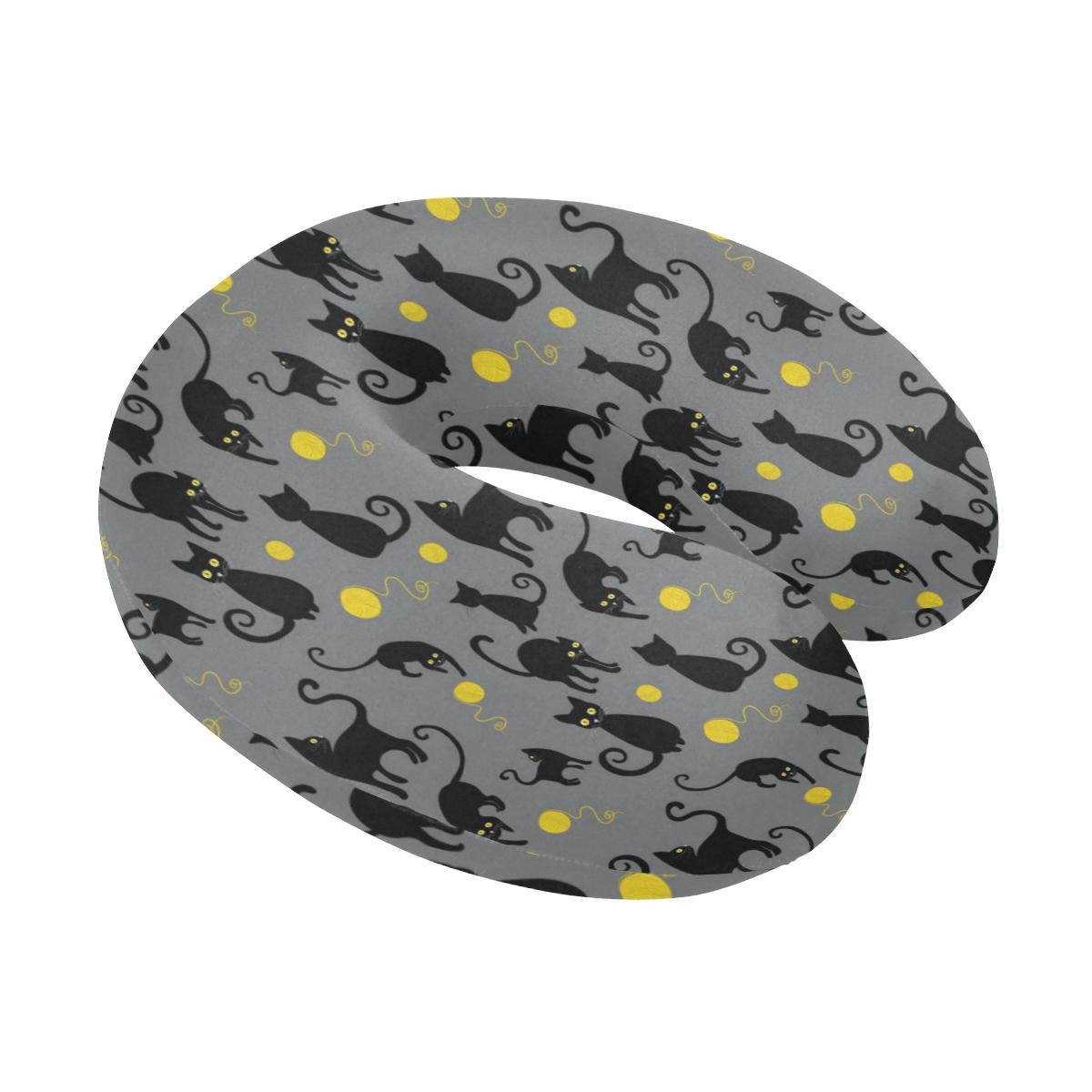 Black Cat Yellow Yarn Print Pattern U-Shaped Travel Neck Pillow-JTAMIGO.COM
