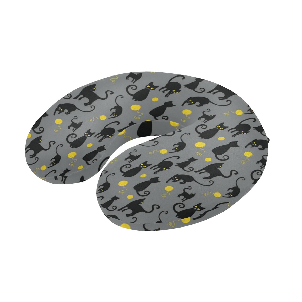 Black Cat Yellow Yarn Print Pattern U-Shaped Travel Neck Pillow-JTAMIGO.COM