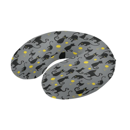 Black Cat Yellow Yarn Print Pattern U-Shaped Travel Neck Pillow-JTAMIGO.COM