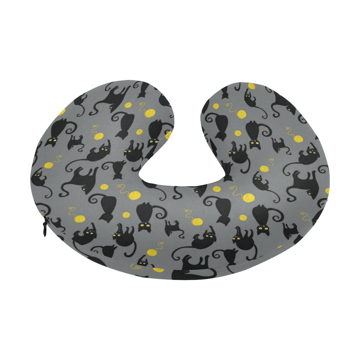 Black Cat Yellow Yarn Print Pattern U-Shaped Travel Neck Pillow-JTAMIGO.COM