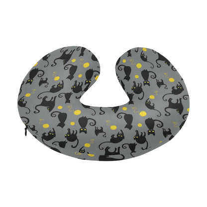 Black Cat Yellow Yarn Print Pattern U-Shaped Travel Neck Pillow-JTAMIGO.COM