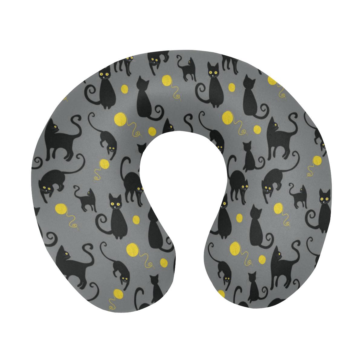 Black Cat Yellow Yarn Print Pattern U-Shaped Travel Neck Pillow-JTAMIGO.COM