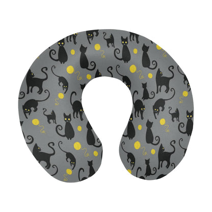 Black Cat Yellow Yarn Print Pattern U-Shaped Travel Neck Pillow-JTAMIGO.COM