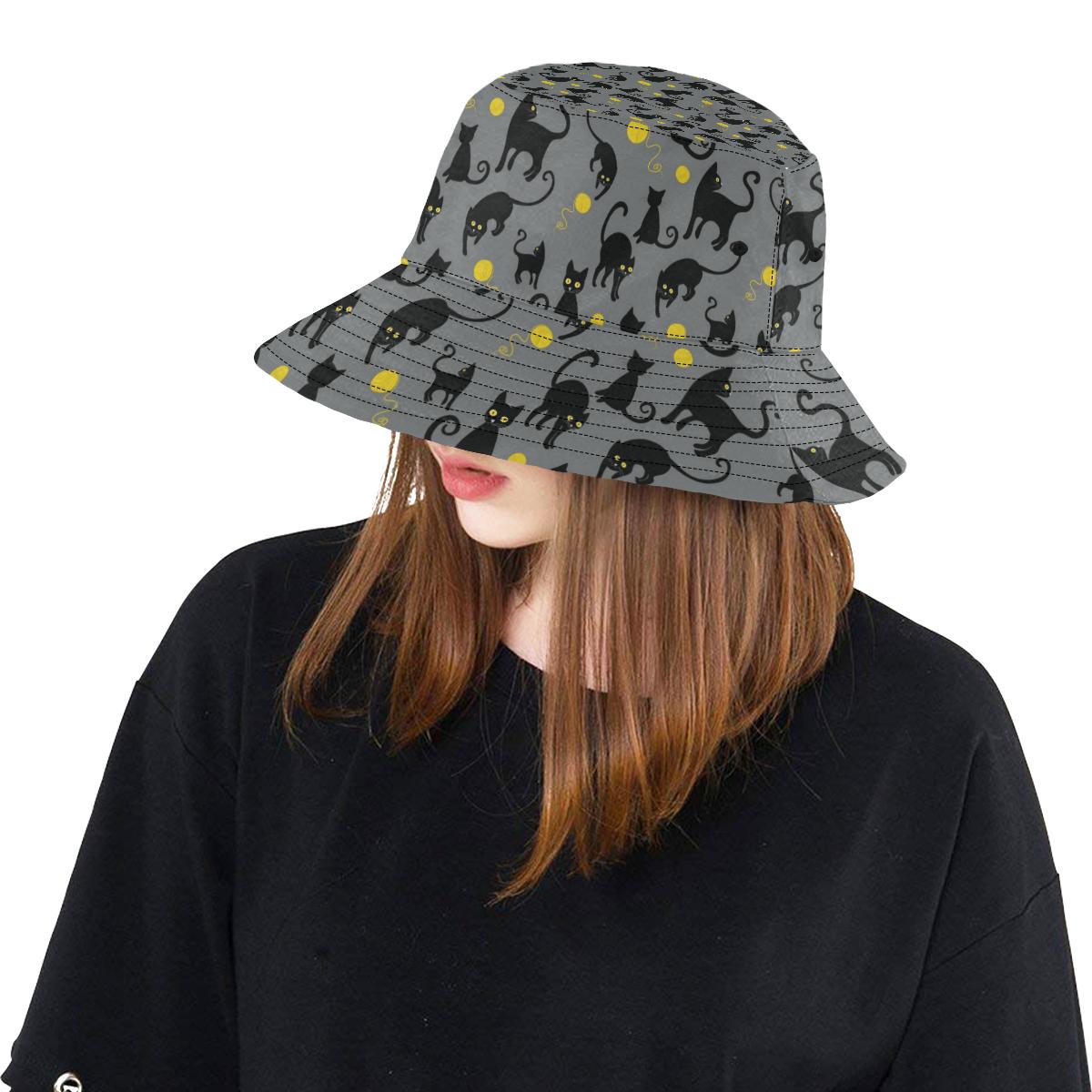 Black Cat Yellow Yarn Print Pattern Unisex Bucket Hat